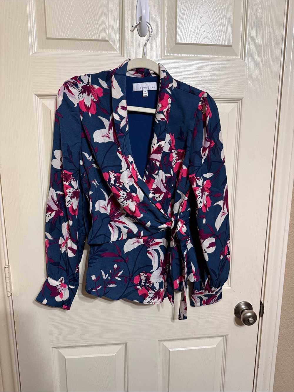 Adelyn Rae Navy Floral Wrap Blouse with Pink & White Blooms